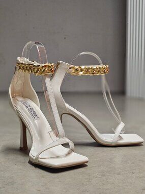 Gold Chain Ankle Strap White High Heel Sandals With Square Toe Stiletto Heel Chi